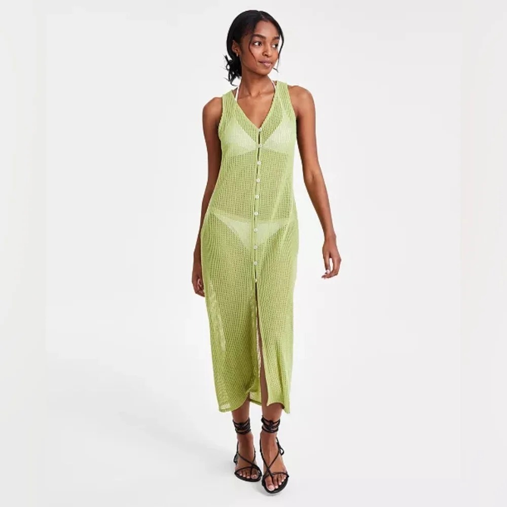 Miken Juniors Size Medium Button Front Sheer Midi Dress Swim Cover-Up Fern‎ 019